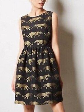 Eyedoll Anthropologie Black & Gold Panther Dress Woman's Size 4